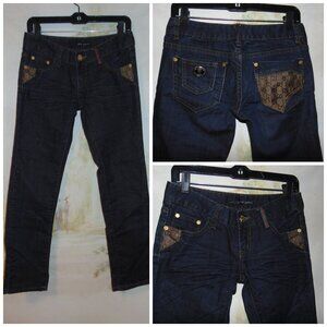 Upcycled Customized Dark Blue Denim Distressed Womens Jeans Patch Pockets 29